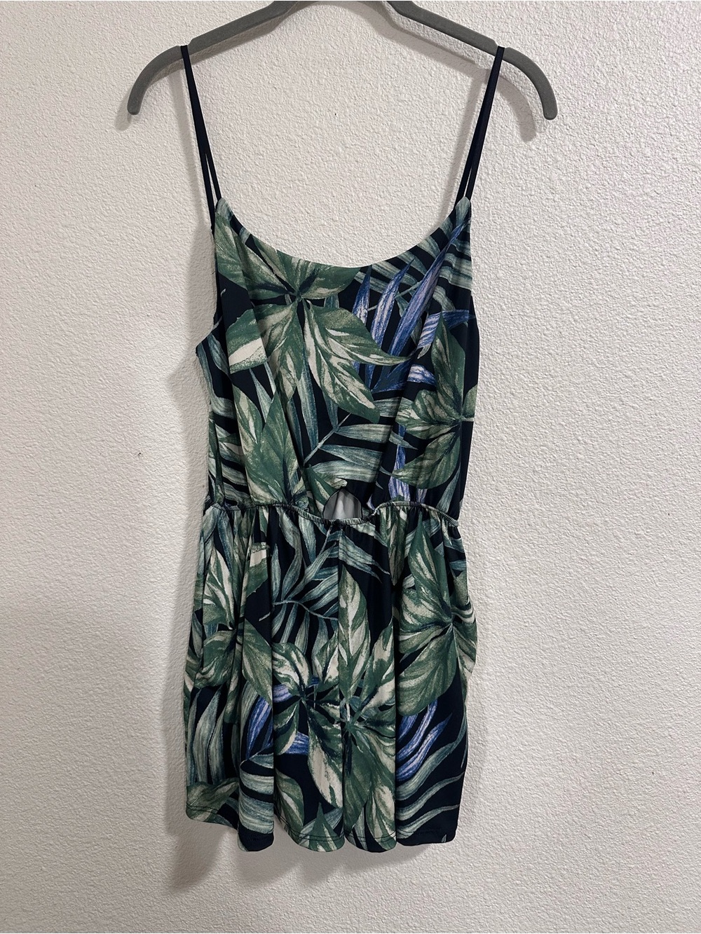 Tropical Leaf Print Spaghetti Strap Romper - Green/Blue